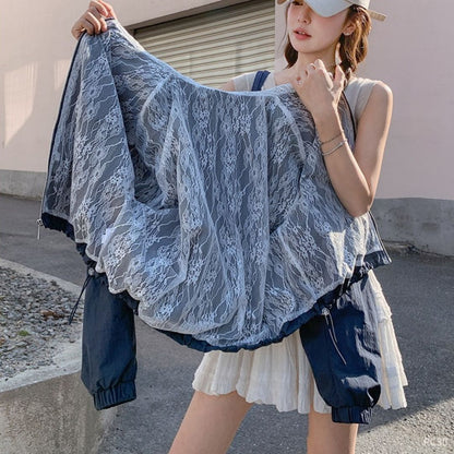 Blue Patchwork Lace Casual Fashion Jacket