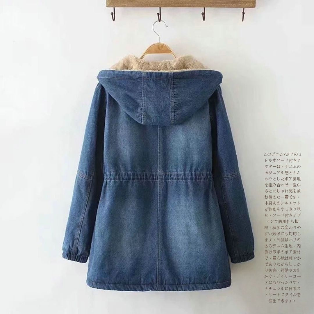 Fleece-Lined Mid-Length Denim Hooded Jacket