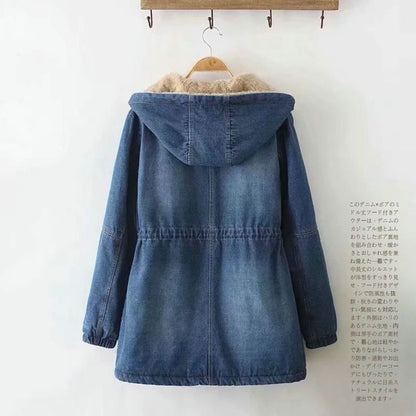Fleece-Lined Mid-Length Denim Hooded Jacket
