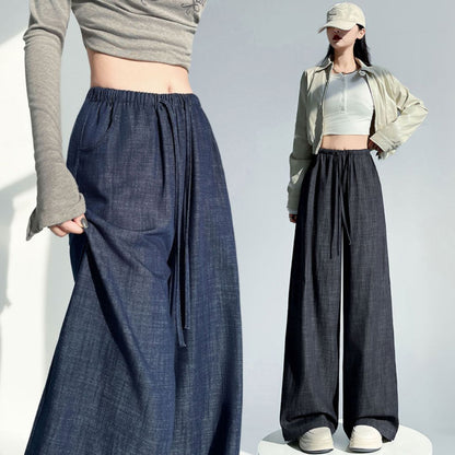 ドローストリングウエストストレートワイドレッグデニムパンツ 