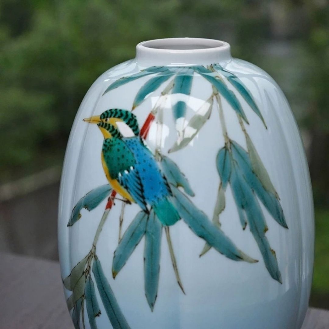 Japanese Bamboo Leaf & Bird Ceramic Vase