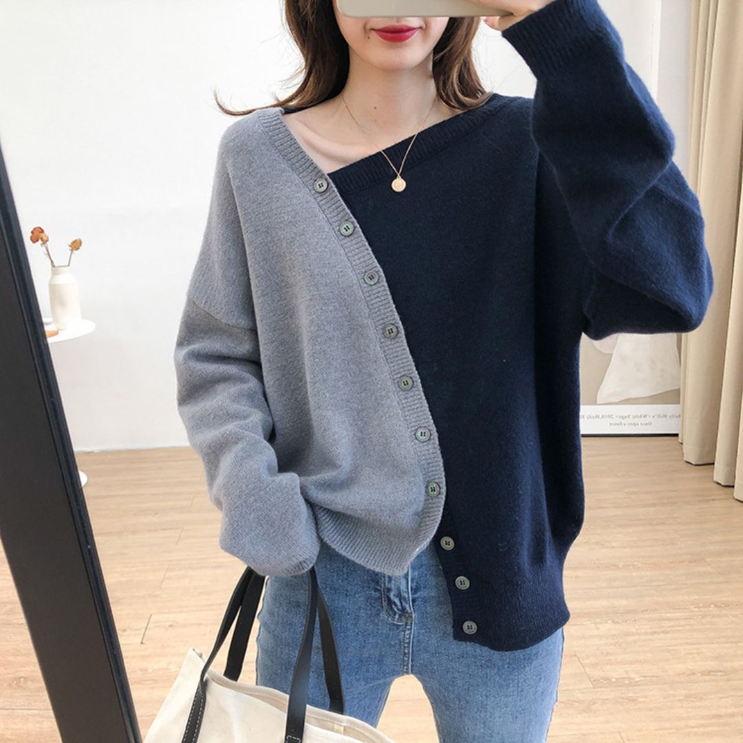 Japanese-style Asymmetrical Color-Block Knit Sweater