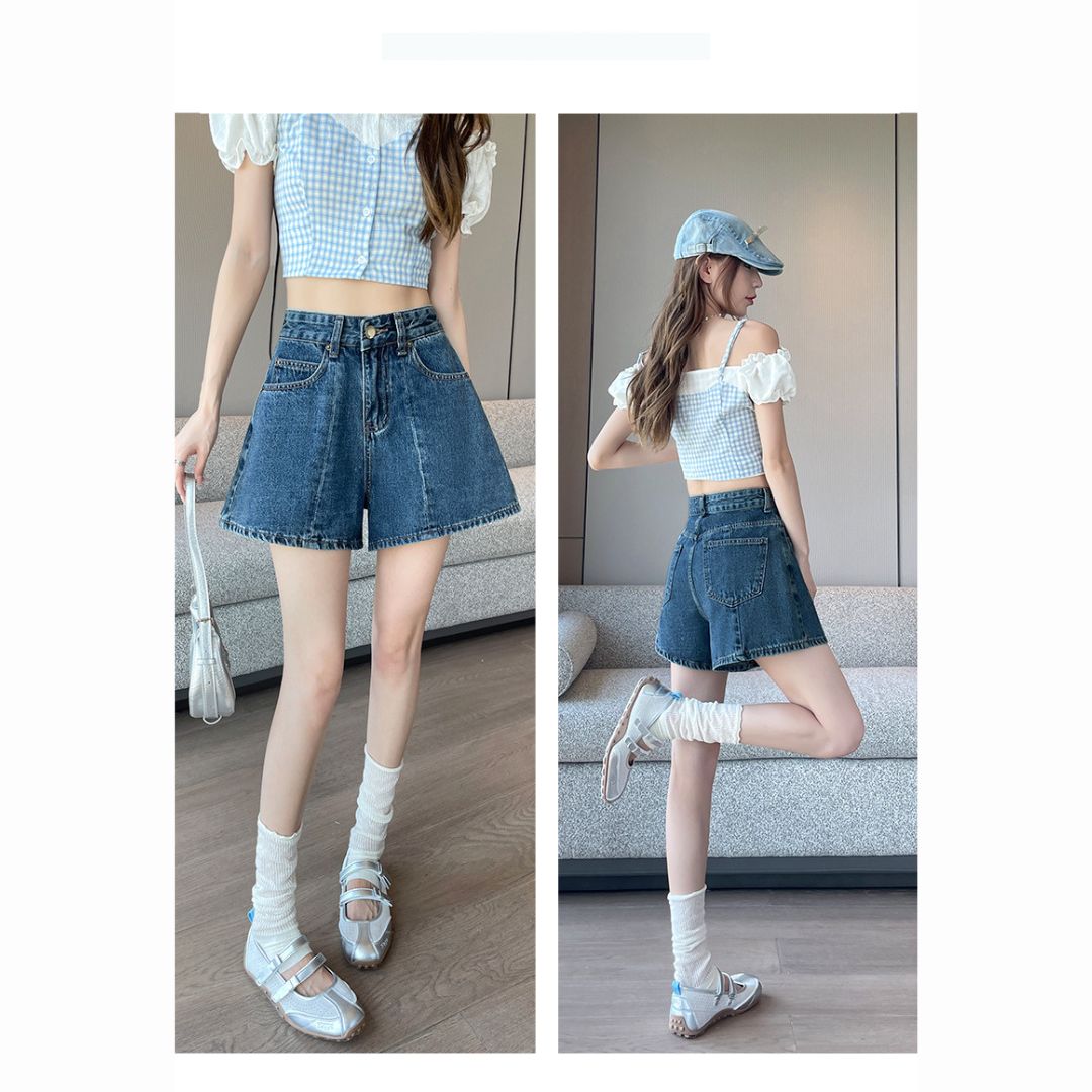 High Waist Structured Patchwork Denim Shorts