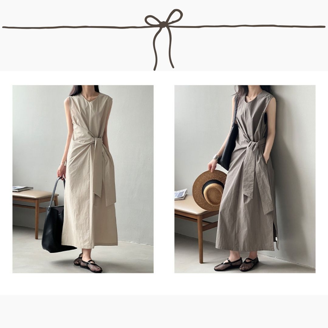 Sleeveless Long Dress with Cinched Tie-Waist Design