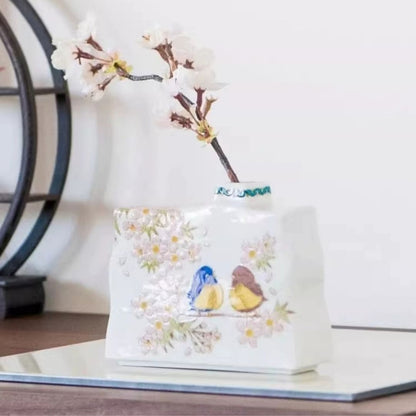 Kutani Japanese Floral Sparrow Small Vase