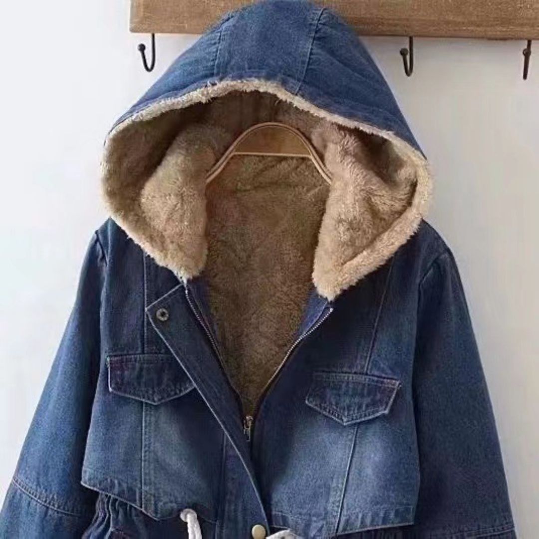 Fleece-Lined Mid-Length Denim Hooded Jacket