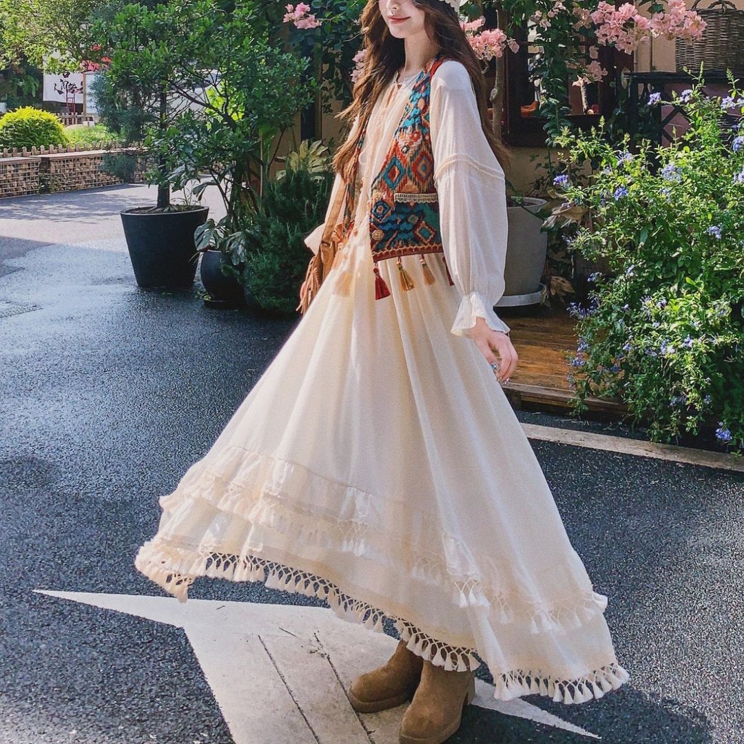 Ethnic Style Tassel Vest & Dress Two Piece Set