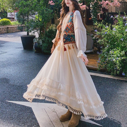 Ethnic Style Tassel Vest & Dress Two Piece Set