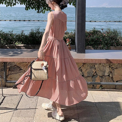 Vintage Red Plaid Sleeveless Fitted Dress