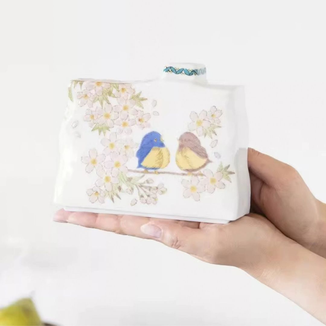 Kutani Japanese Floral Sparrow Small Vase