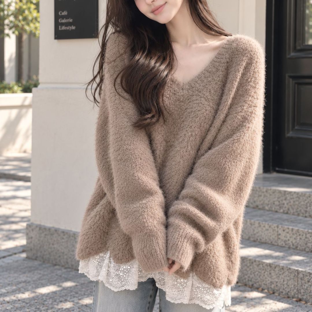 V Neck Lace Trim Hem Knit Top