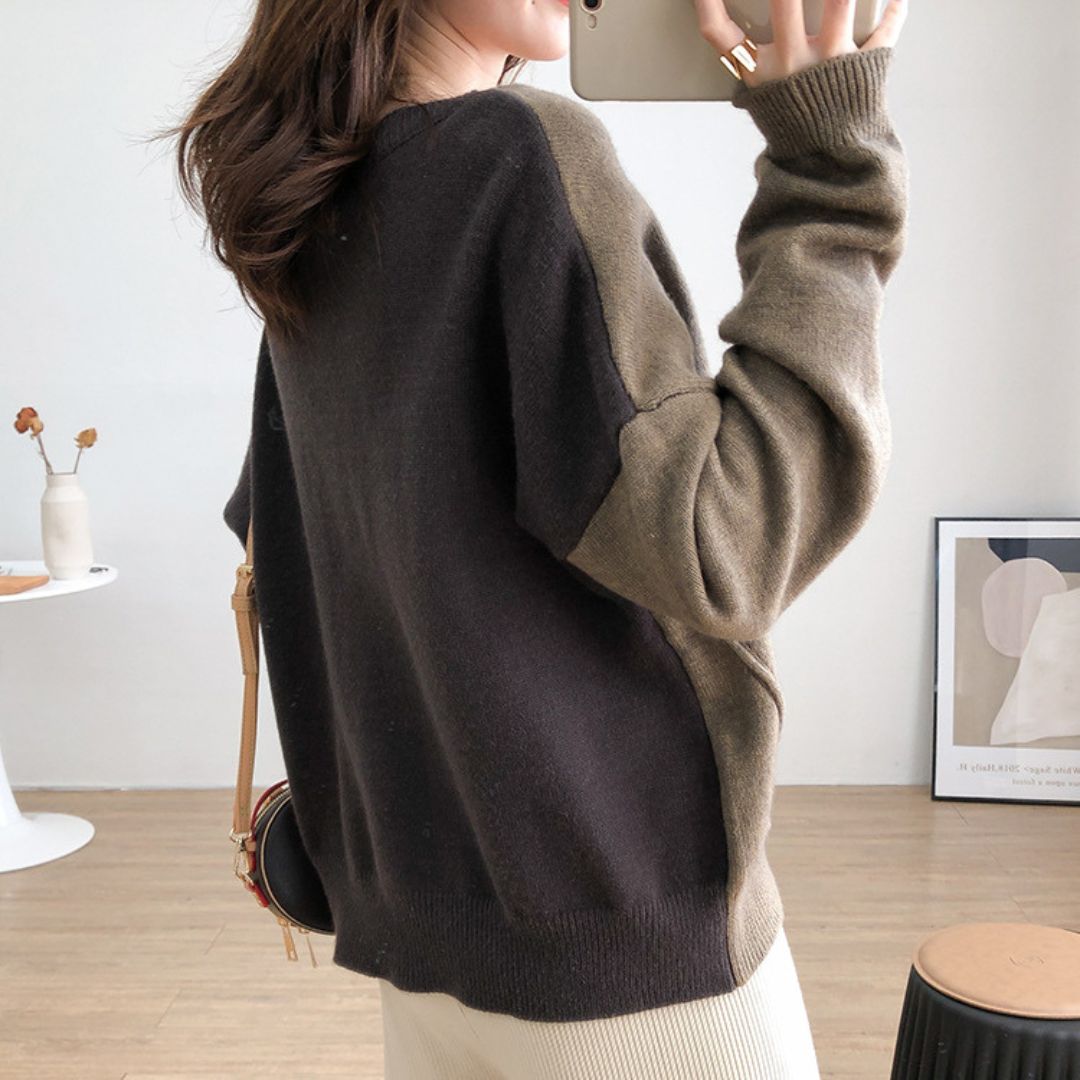 Japanese-style Asymmetrical Color-Block Knit Sweater