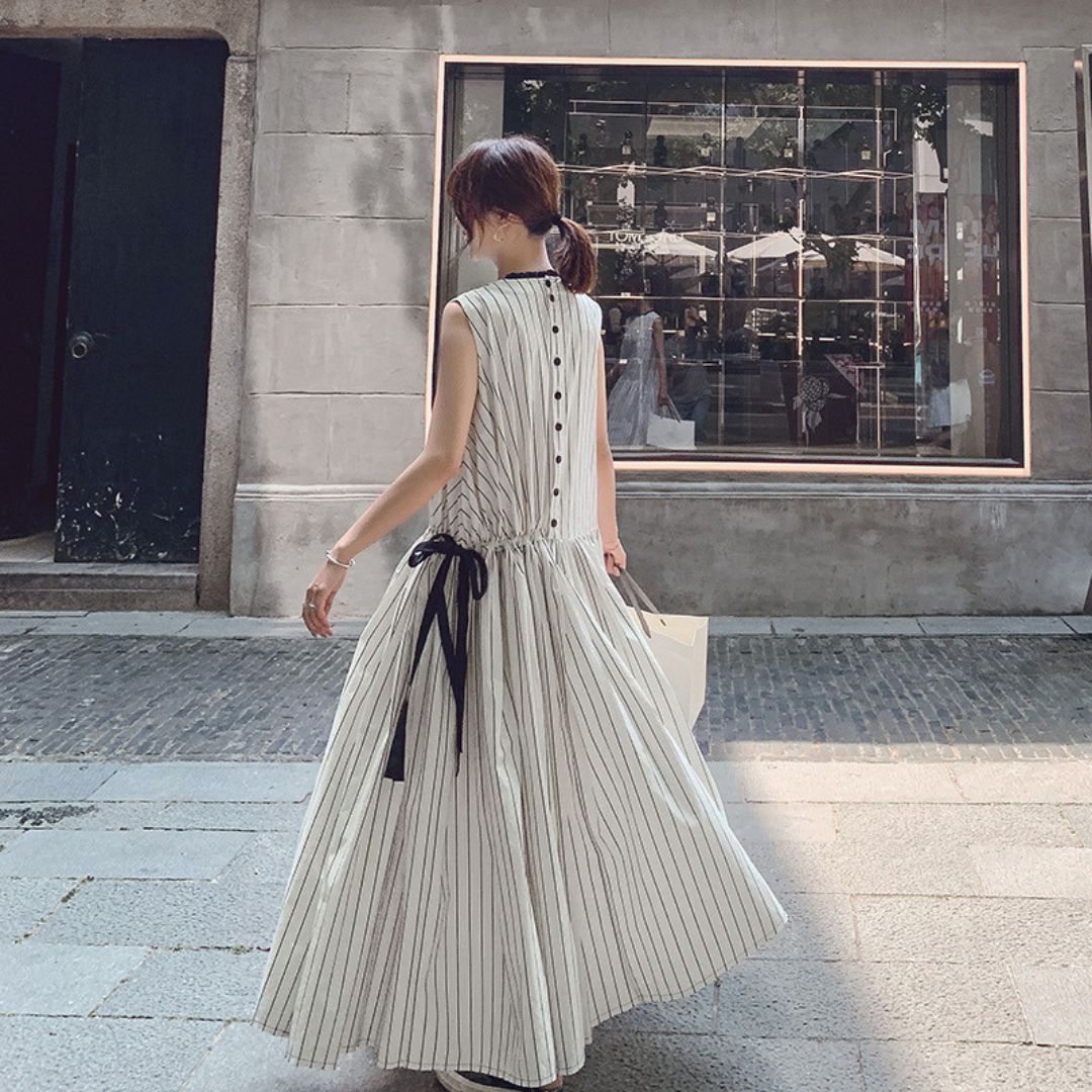 French Style Striped Bow Dress