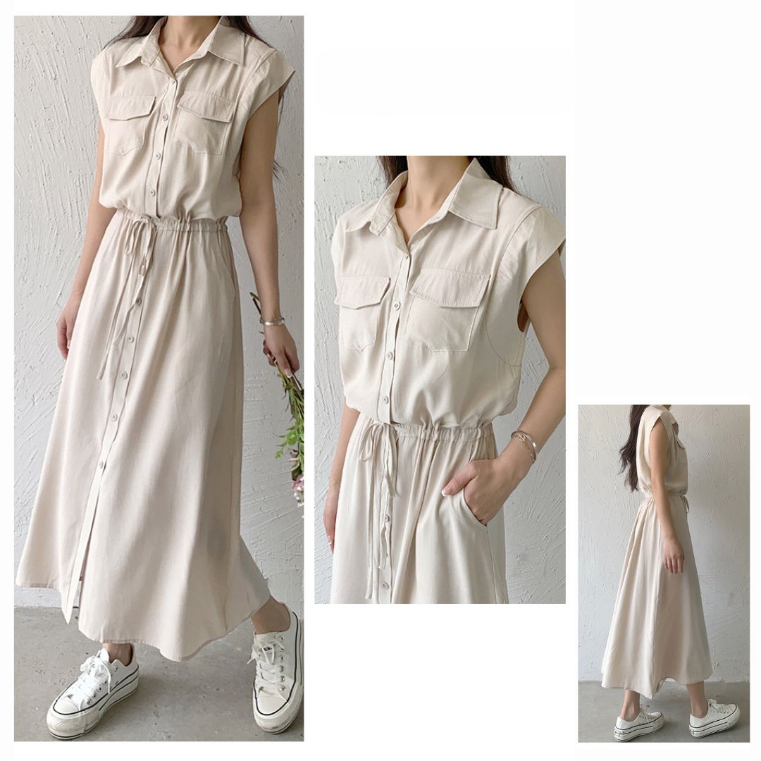 無袖中長休閒翻領連身裙