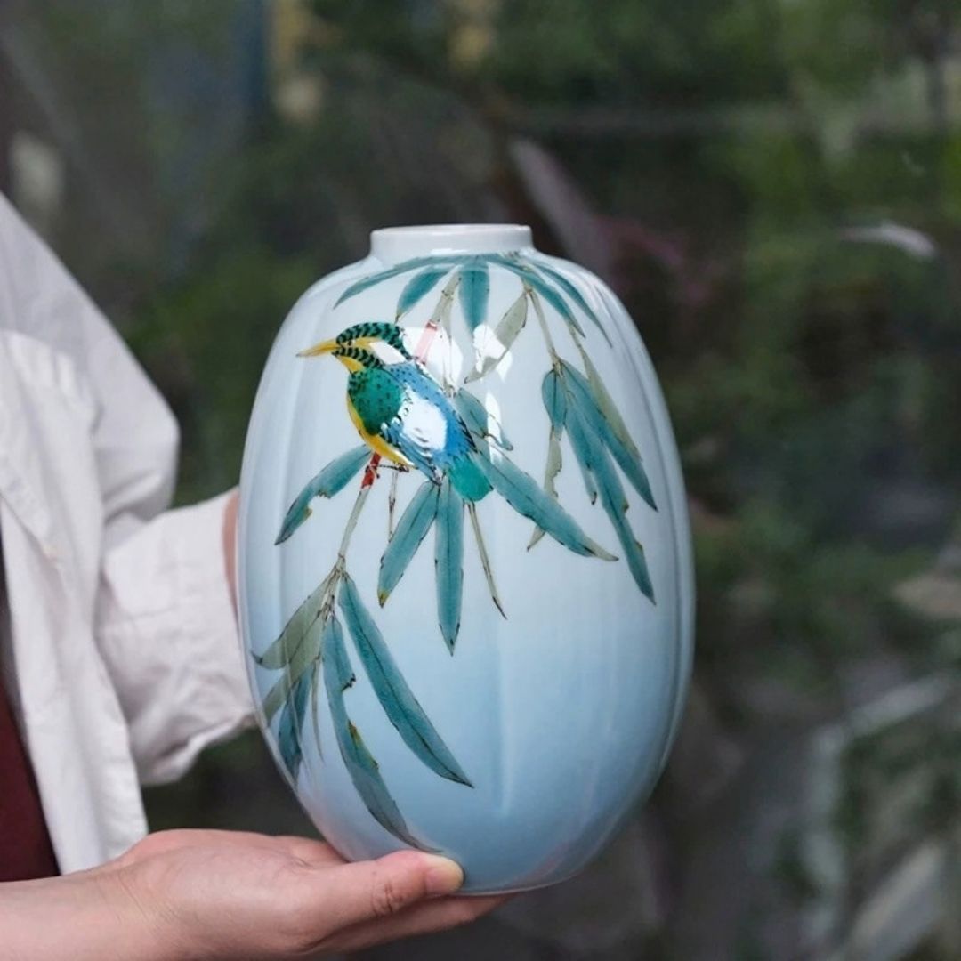 Japanese Bamboo Leaf & Bird Ceramic Vase