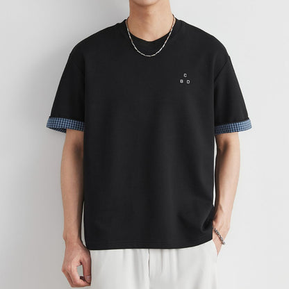 Plaid Rolled Cuff Patchwork T Shirt