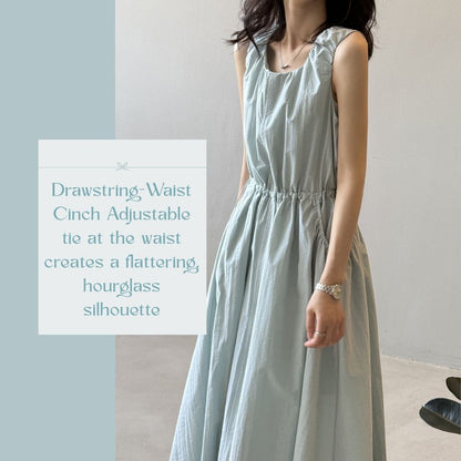 Summer Round-Neck Sleeveless Long Dress with Drawstring Waist