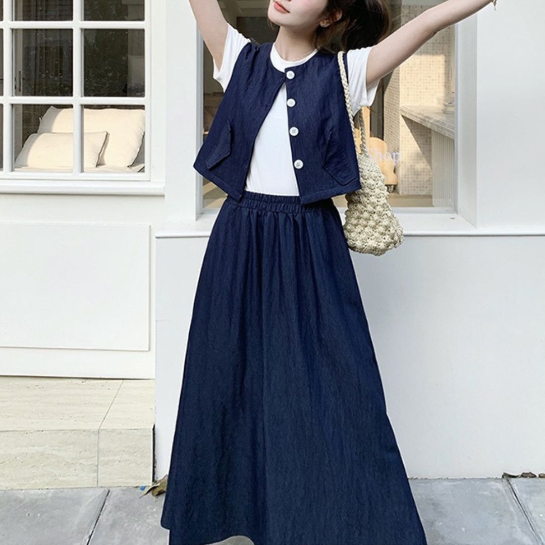 Minimalist Vest & Long Skirt Three Piece Set