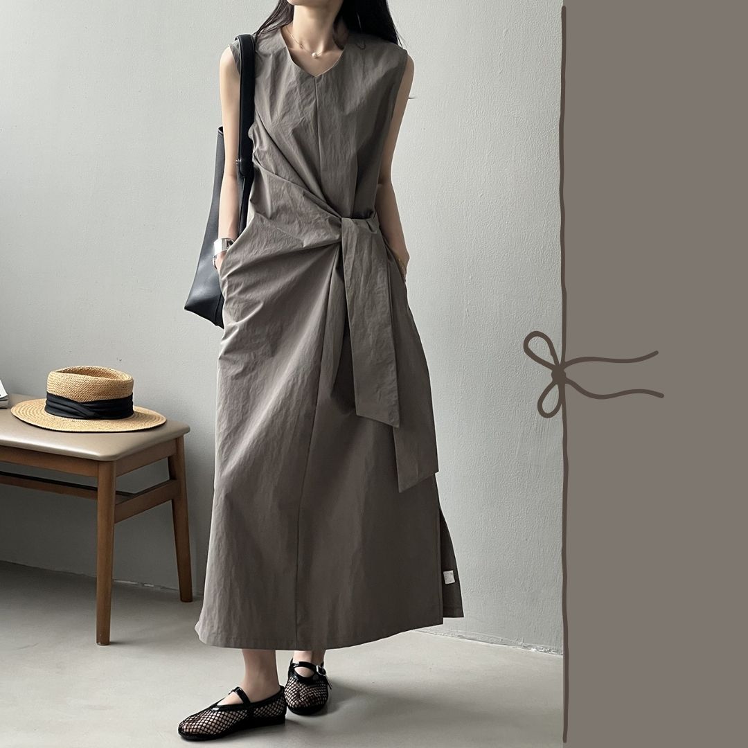 Sleeveless Long Dress with Cinched Tie-Waist Design