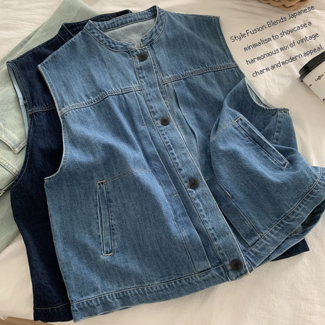 Women's Denim Sleeveless Top with Petite Mandarin Collar