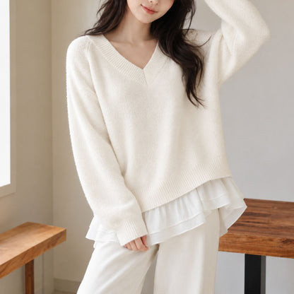 Layered Knit Sweater with Chiffon Hem (Two Piece Effect)