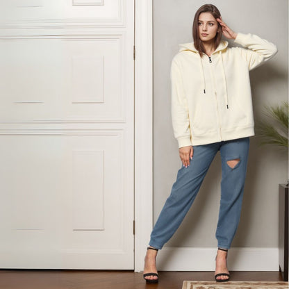 Solid Color Cotton Hooded Zip-Up Jacket
