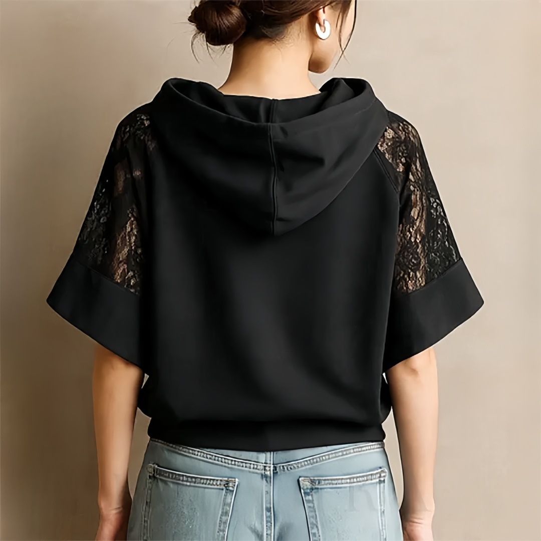 Color Block Lace Patchwork Hoodie with Flared Sleeves