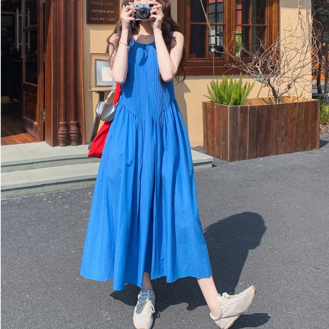 Ruched Vintage Sleeveless Midi Tank Dress