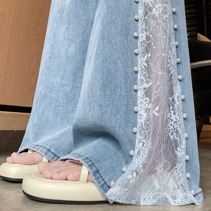 Tencel Beaded Lace Wide Leg Denim Pants