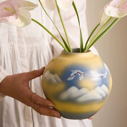 九谷焼 山水雲鶴花瓶 