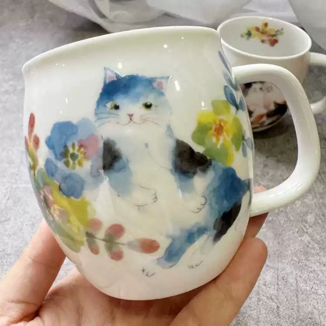 Made in Japan Floral Cat Porcelain Pair Cups (Pair)