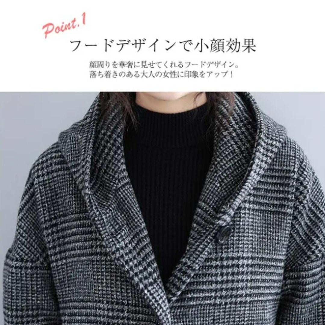 Japanese-Style Houndstooth Mid-Length Coat