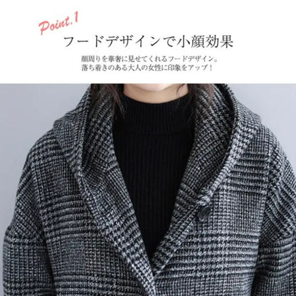 Japanese-Style Houndstooth Mid-Length Coat