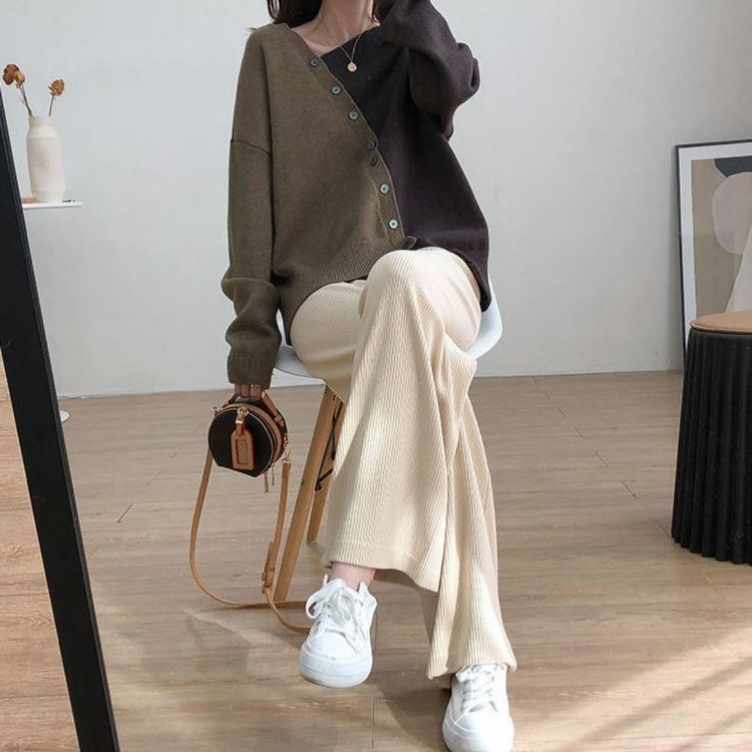 Japanese-style Asymmetrical Color-Block Knit Sweater