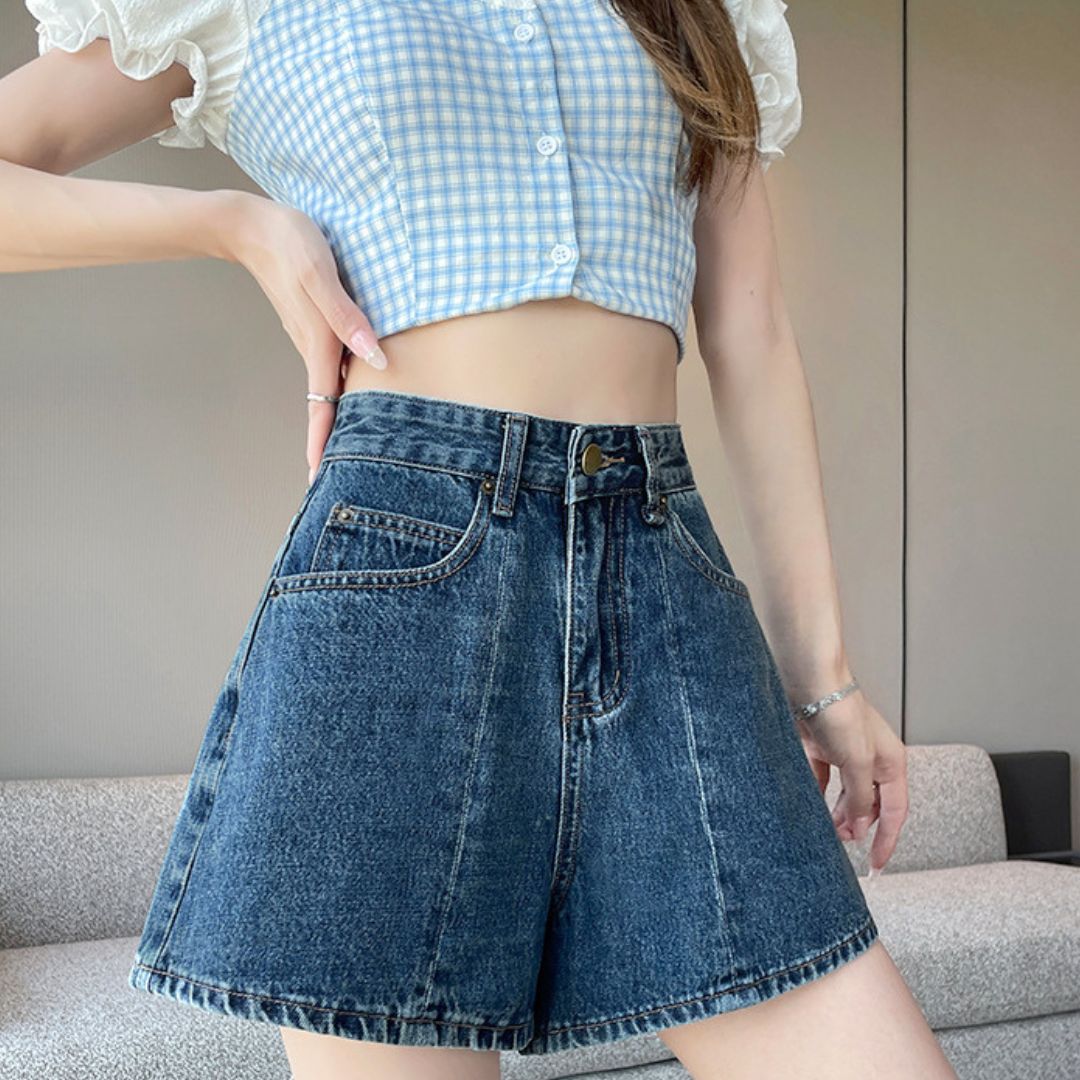 High Waist Structured Patchwork Denim Shorts