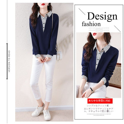 Striped Lapels Fake Two Long-sleeved Tops