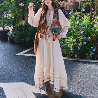 Ethnic Style Tassel Vest & Dress Two Piece Set