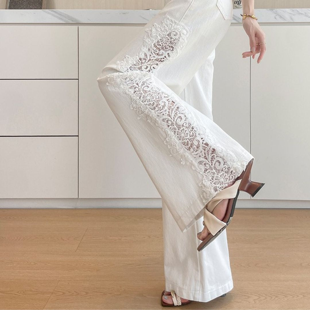 Lace Cutout Panel Wide Leg Jeans