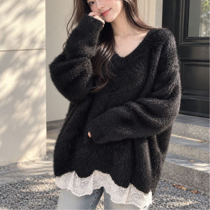 V Neck Lace Trim Hem Knit Top