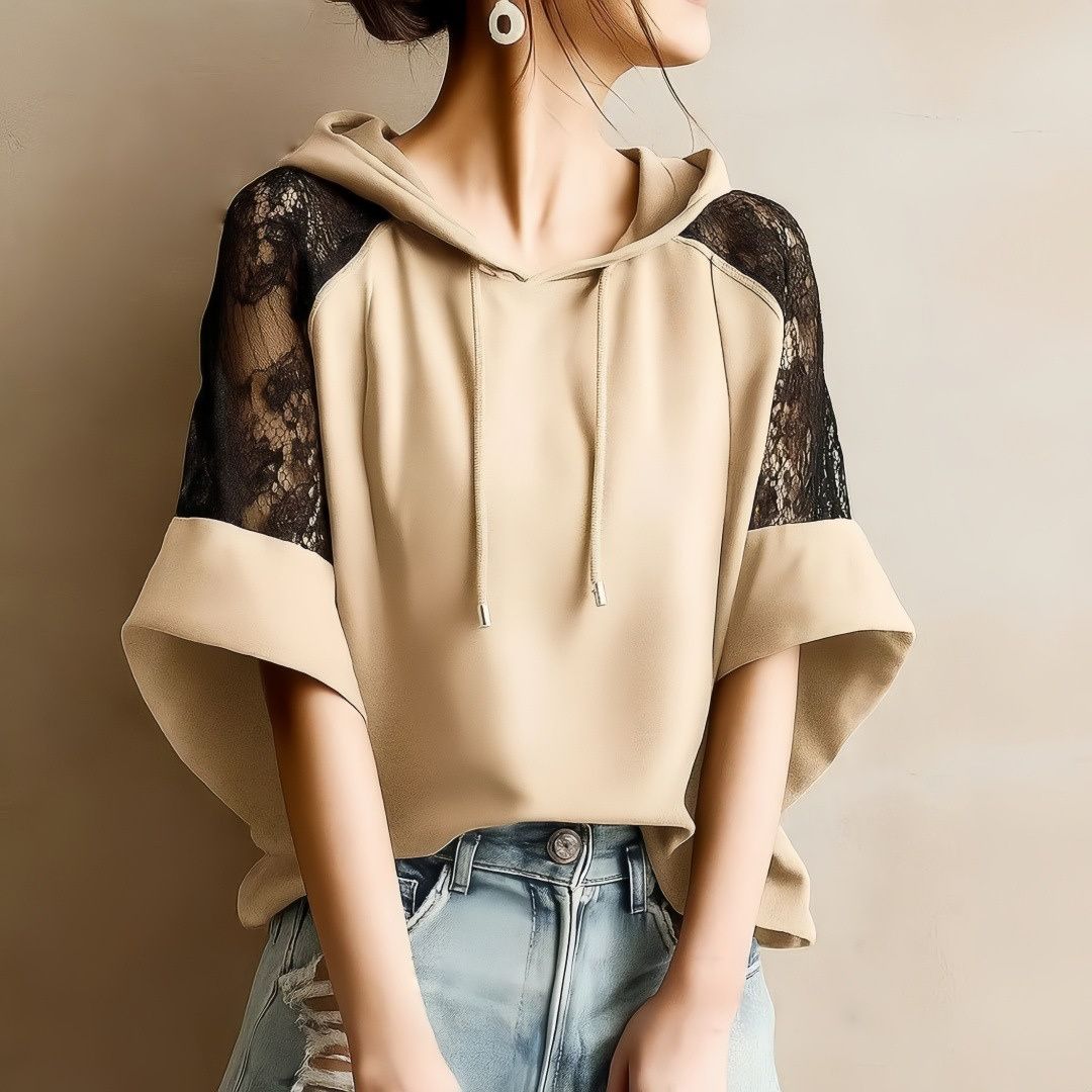 Color Block Lace Patchwork Hoodie with Flared Sleeves