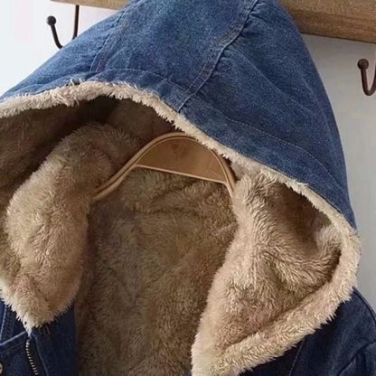 Fleece-Lined Mid-Length Denim Hooded Jacket