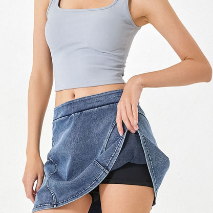 Denim-Look Two-in-One Yoga Fitness Shorts