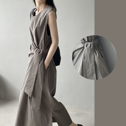 Sleeveless Long Dress with Cinched Tie-Waist Design