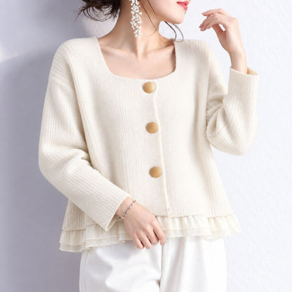 Short Knit Cardigan with Lace Trim Hem
