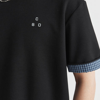 Plaid Rolled Cuff Patchwork T Shirt