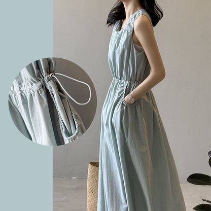 Summer Round-Neck Sleeveless Long Dress with Drawstring Waist