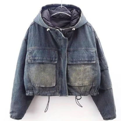 Short Patchwork Denim Hoodie Jacket