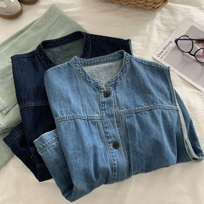 Women's Denim Sleeveless Top with Petite Mandarin Collar