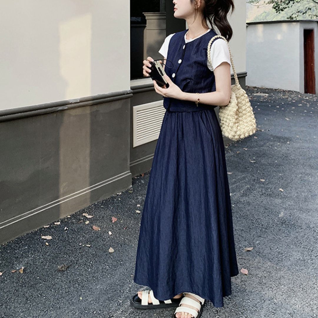 Minimalist Vest & Long Skirt Three Piece Set