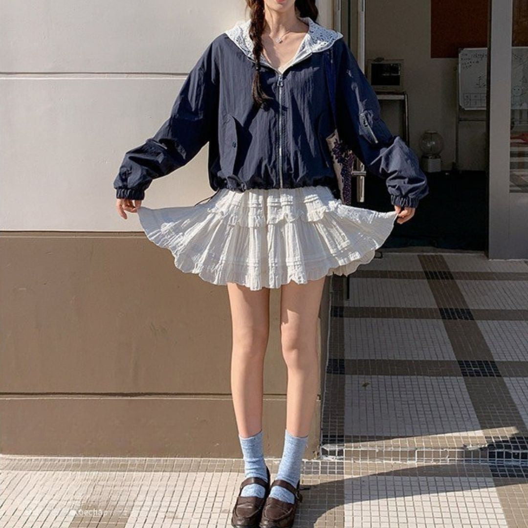 Blue Patchwork Lace Casual Fashion Jacket